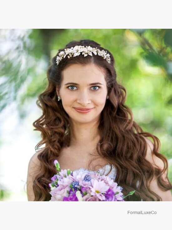 Gold Bridal Headband With Ceramic Flowers And Pearls For Wedding